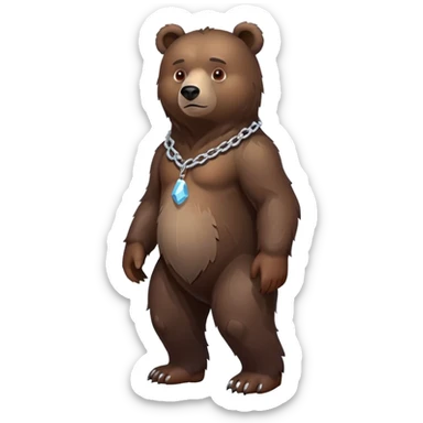 Dark brown bear in a slight walking pose, full body view on all four legs, realistic fur detail, serious expression, ice chain around neck sticker
