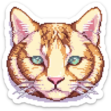8-bit pixel art of a cute tabby cat face, orange and cream fur, large eyes, pink nose, subtle smile, front view sticker
