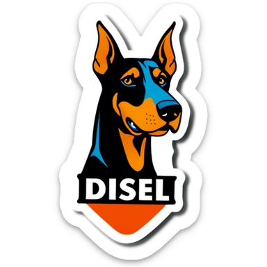 Doberman with tag that says diesel  sticker