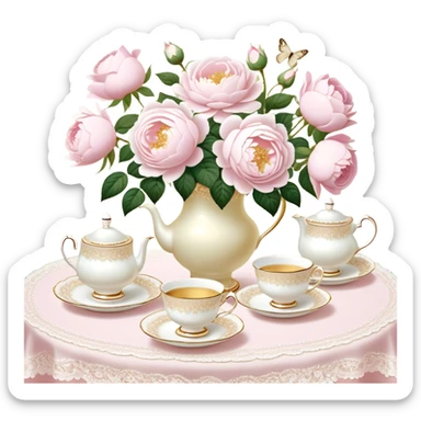 An enchanting garden tea party setting with a vintage lace tablecloth, golden-rimmed porcelain teacups, a centerpiece of light pink roses and white peonies in a pearl-trimmed vase, with delicate pearl butterflies flitting through the soft sunlight.
 sticker