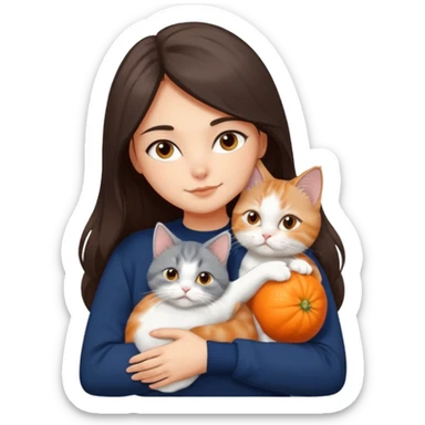 a girl with long dark brown hair, in a navy sweater, hugs a persian peaknose grey cat and persian peaknose orange and white kitten and a persion peaknose brown tabby and white cat sticker