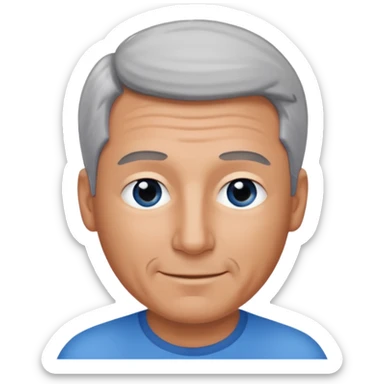 Middle aged man with tanned skin, receding black to grey hair and no beard, blue eyes, shy smile sticker
