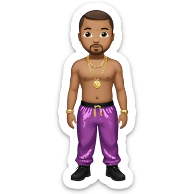 Timbaland with dark brown hair, black sequin baggy pants, shirtless with necklace sticker