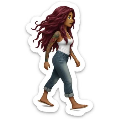 Beautiful tattooed  burgundy long haired woman walking on the beach sticker