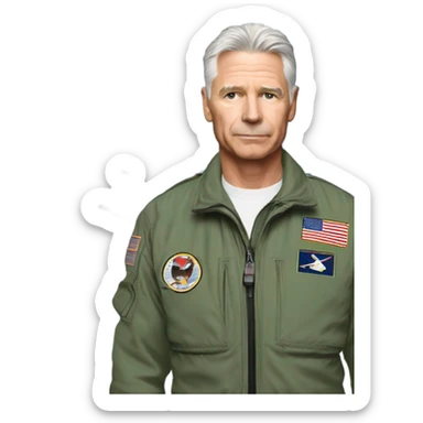 Older white fighter pilot standing beside F-16 sticker