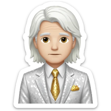 Jehovah from Christian Mythology with long white hair, white sequin suit jacket and tie, white shirt sticker