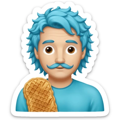 Crée un homme sirène avec une queue bleu turquoise et des long cheveux bouclé chatin en train de manger une gaufre  sticker