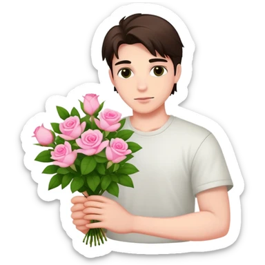 A cool bad boy with fair skin holding a bouquet of pink jasmine roses sticker