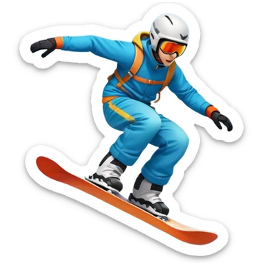An icon showing a snowboarder performing an exciting jump on a snow-covered slope. The background features towering mountains, snow-covered trees, and a bright, clear sky. Transparent background highlights the speed, agility, and thrill of snowboarding. sticker