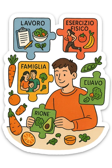 a person is surrounded by puzzle pieces, each representing a different aspect of their life (work, exercise, family, leisure), and healthy foods are integrated into each piece. The person assembles the puzzle, creating a complete, personalized nutrition plan. The mood is uplifting and creative. in italiano sticker