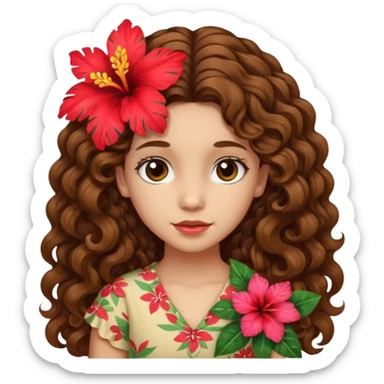 Chica morena clara de ojos marrones cabello rizado largo de lado y una flor hawaiana en el cabello  sticker