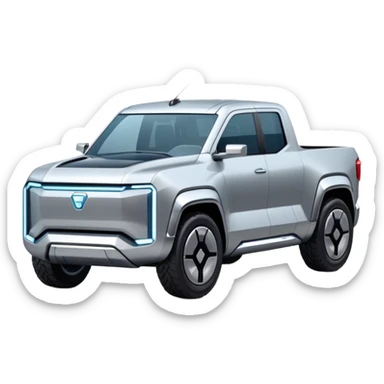 A futuristic electric pickup truck emoji, silver chrome body, angular cyber design, smooth metallic panels, subtle reflections, minimalistic proportions, iOS emoji style, centered composition, clean white background, soft lighting sticker