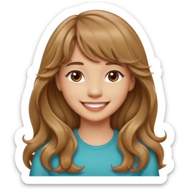Please generate a portrait of a pretty girl with long, wavy, light brown hair and bangs, she's smiling. sticker