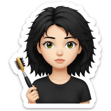 a pretty bratz fair girl with messy shaggy black hair with mascara smudged wearing a tight black tee with a hair brush stuck in hair sticker