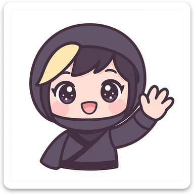 Make the art style more anime: kawaii chibi ninja girl with black short hair and a blonde streak, only head and arms, big sparkling anime eyes, rounder face, small mouth, soft shading, pastel colors, clean outlines, transparent background, no mask, hand fully raised, waving, smiling, sized for Twitch emoji use. sticker