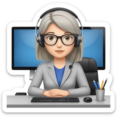 donna bionda occhi azzurri con occhiali grigio/neri, capelli media lunghezza lisci, davanti al pc alla sua scrivania. è una grafica editoriale e redattrice sticker