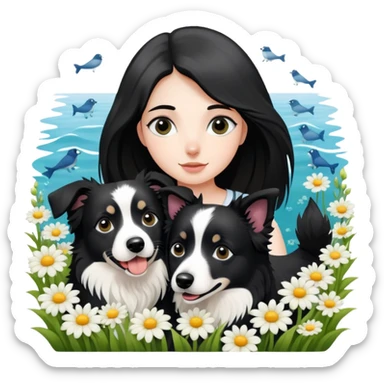 A girl is holding two black and white border collies in a sea of ​​flowers sticker
