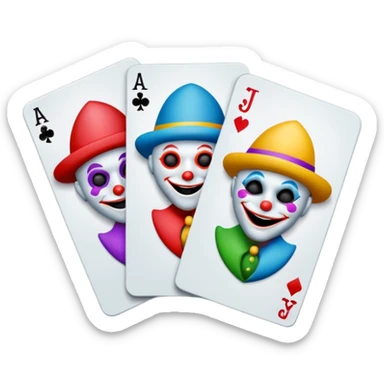 bunch of 3 poker cards, with crazy colorful human jolly jokers inside, inversed face sticker