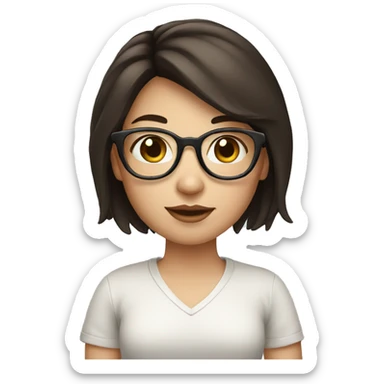 Girl with dark brown hair chinky eyes with glasses and white skin hold macbook sticker