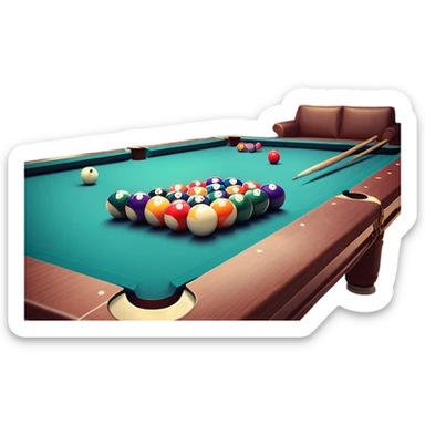 A well-arranged pool table with colorful billiard balls neatly placed, and a cue stick poised to take a shot. The setting is a dimly lit room with a focused atmosphere, highlighting the precision and strategy involved in the game of billiards. sticker