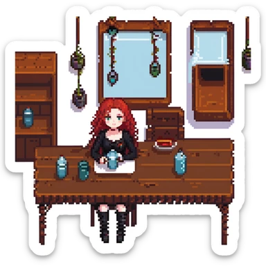 goth girl with red curly hair drinking water sitting at a table sticker