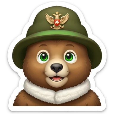 Endearing brown bear head with cute smile and bright green eyes, wearing white ushanka hat with detailed Russian eagle emblem in middle, iOS emoji style sticker