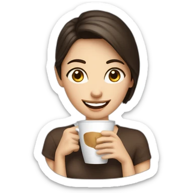 white young brunet woman with italian appearance with face visible nervous smile and eyes wide open holding a gigantic cup of coffee sticker