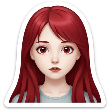 pale girl with deep red and long hair, having a long middle bang on her face, her eyes are greyish in colour sticker