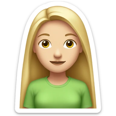 Emoji of a girl with blonde straight long hair and small green eyes, wearing a pink t-shirt. with brown neat eyes. in the style of beauty, meditation, etc. sticker