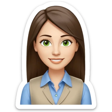 43 year old Adult woman avatar, light skin tone, long, oval face, long straight ashy brown hair, green almond-shaped eyes with dramatic eyelashes and minimal eyeliner, neutral mouth, medium straight eyebrows, average nose, smooth skin,  white collared button down shirt, blue vest sticker