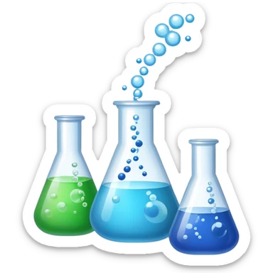An icon featuring laboratory flasks with tubes, symbolizing chemistry. The design includes liquid and powder substances, a chemical reaction with bubbles, and molecular formulas, representing chemical processes like hydrolysis. Transparent background sticker