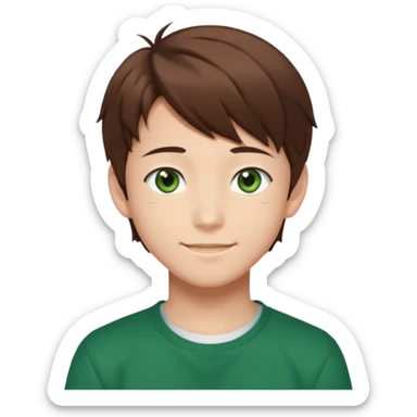 the face of an Anime asian style teen boy with brown hair, green eyes, looking smiling slightly sideways positioned. Face must be main filling of the frame.  128px sticker