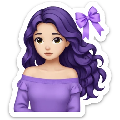 Girl with black wavy long hair and a ribbon hair clip beside it make it look like wearing a lavender off shoulder sweater make its hair stay in the back sticker