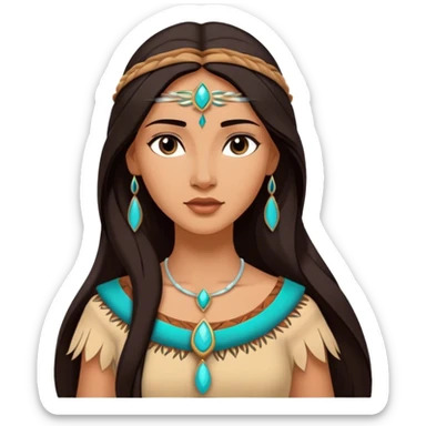 Cinematic Elegant Pocahontas Portrait Emoji, rendered in a realistic, vector-style with minimal shading and bold, simplified shapes. Depict Pocahontas (chest and above) with warm, sun-kissed skin, long, flowing dark hair, and gentle, wise eyes, wearing traditional attire in earthy tones with hints of turquoise. The image glows with a soft, natural radiance and high shine, embodying timeless indigenous beauty. sticker