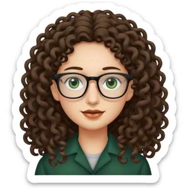 rapariga, olhos verdes escuros, rosto retangular, cabelos muito compridos aos caracóis, com óculos sticker