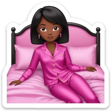Dark skin Black barbie, short  black bob  hair, pink pajamas in bed  sticker