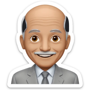 70 yr old man, almost bald, some white hair, pakistani, light grey business suit, big smile, darker skin, no moustache
 sticker