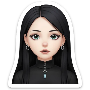 goth girl, straight long black hair, vertical labret lip piercing, black mock neck shirt sticker