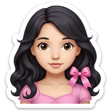 Beautiful girl with long wavy black hair, brown eyes, light skin, slight smile, pink ribbon in hair, and pink dress sticker