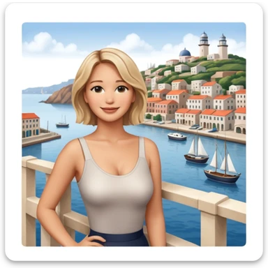 jennifer lawrence, leaning on a balcony with a harbor and cityscape in the background, smiling, closeup sticker