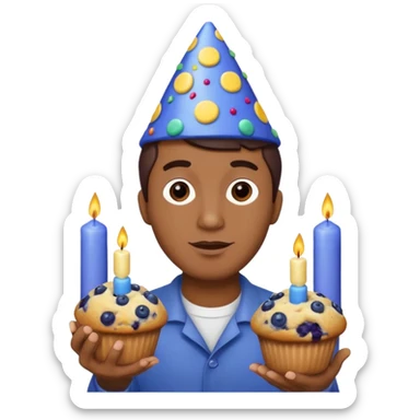 Blueberry Muffin celebrating birthday. Make sure it actually looks like a muffin with candles. Somebody holding it with party hat. Make it a man  sticker