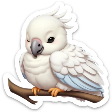 Meme-Worthy Cute Sleeping Cockatoo Portrait Emoji, Head resting peacefully with a contented smile, showcasing a softly feathered body with a gently drooping crest and eyes closed in serene slumber, Simplified yet adorably endearing features, highly detailed, glowing with a soft, drowsy tropical light, high shine, relaxed and utterly lovable, stylized with an air of playful laziness, soft glowing outline, capturing the essence of a sleeping cockatoo that feels destined to become the next viral icon of adorable rest! sticker