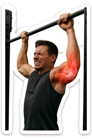 a man in gym attire is performing a pull-up on a bar when his face suddenly contorts in pain. His elbow is highlighted with a bright red glow, and a semi-transparent overlay reveals a visible tear or injury in the joint structures (such as ligaments or tendons). The background is a modern gym, with anatomical posters and equipment. sticker