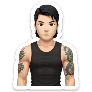 a guy with mullet and tattoos. Black hair.lean but Muscled. wearing a black sleeveless tee sticker