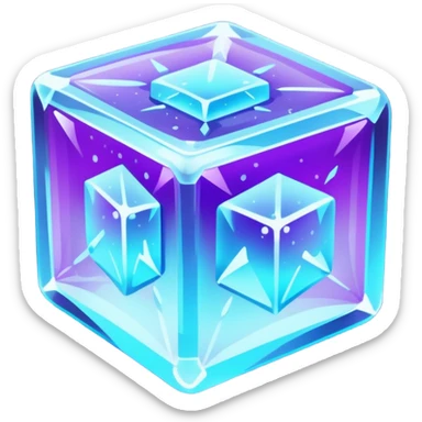glowing ice crystal cube, icy neon cyan highlights, purple neon accents, dark background, digital tech style. sticker