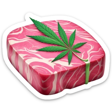 Pink marbled wagyu beef steak with cannabis leaf garnish sticker