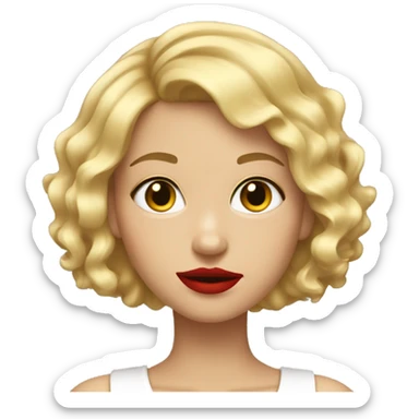 blond girl with a short bob, lose curly putting on red lipstick sticker