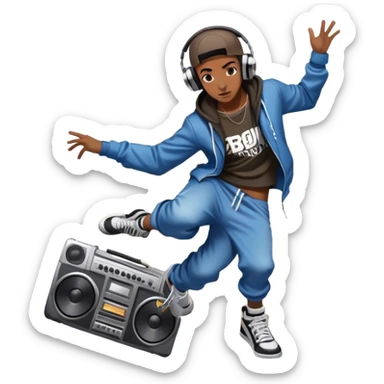 Icon for Street Dance: a dancer in urban streetwear performing a dynamic lower breakdance move, with a spray-painted background, headphones, and a boombox on the asphalt. The icon should capture the energy, style, and creativity of street dance culture. Transparent background. sticker