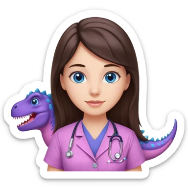 pretty brunette nurse with long hair and blue eyes in pink and purple dinosaur pattern scrubs sticker