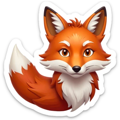 Cinematic Noble Fox Portrait Emoji, Poised and regal, with a lithe, agile build and a lush, fiery red Fur accented by white markings on the chest and tip of the tail, deep-set soulful amber eyes, Simplified yet sharp and sophisticated features, highly detailed, glowing with a warm, dignified glow, high shine, intelligent and cunning, stylized with an air of wild elegance, focused and attentive, soft glowing outline, capturing the essence of a watchful and confident forest wanderer, so majestic it feels as though it could dash out of the screen with effortless authority! sticker